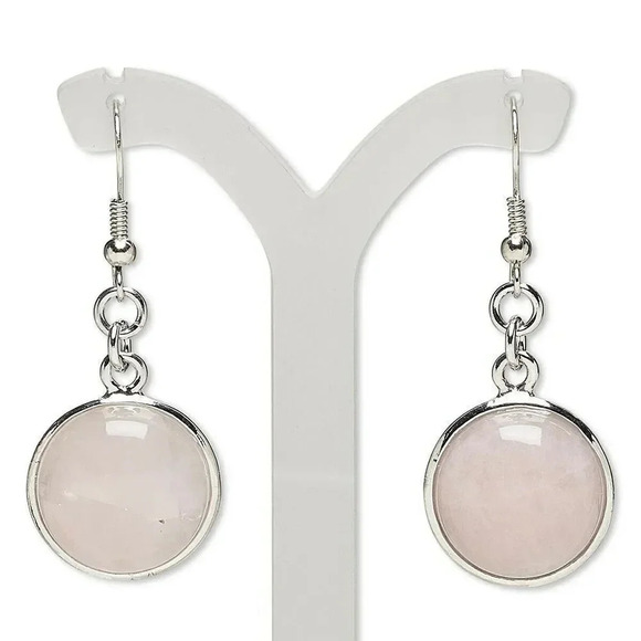 Handcrafted Natural Rose Quartz Gemstone Cabochon Silver Dangle Earrings - Picture 1 of 1